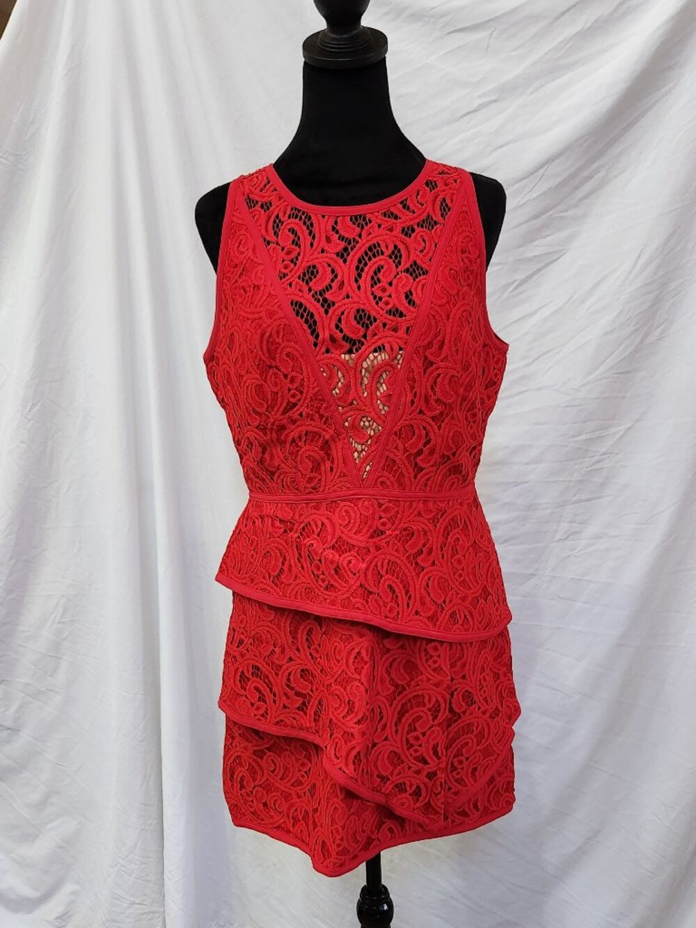 BCBG red lace ruffle mini dress, low cut, 10